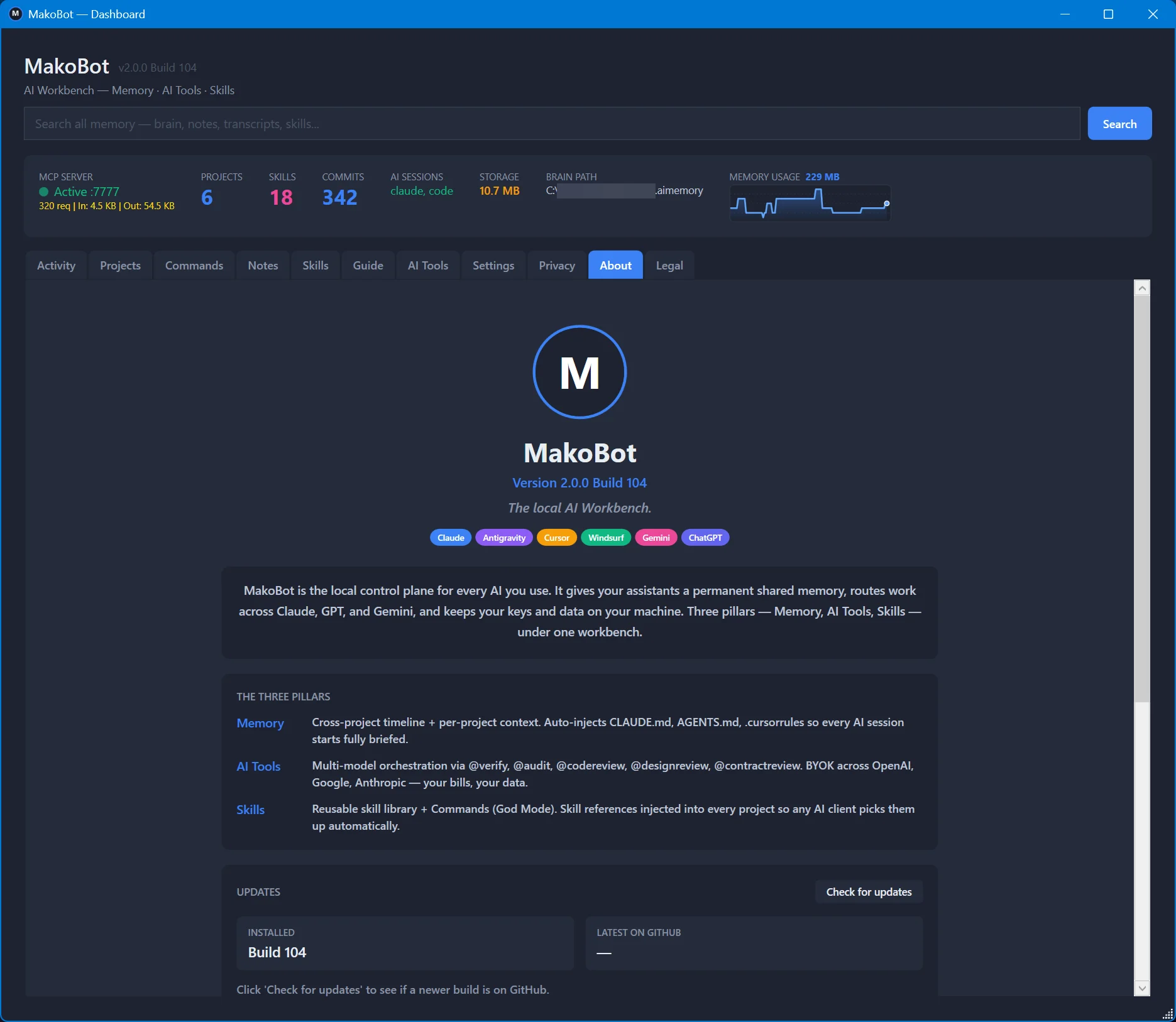 MakoBot About tab — three pillars: Memory, AI Tools, Skills