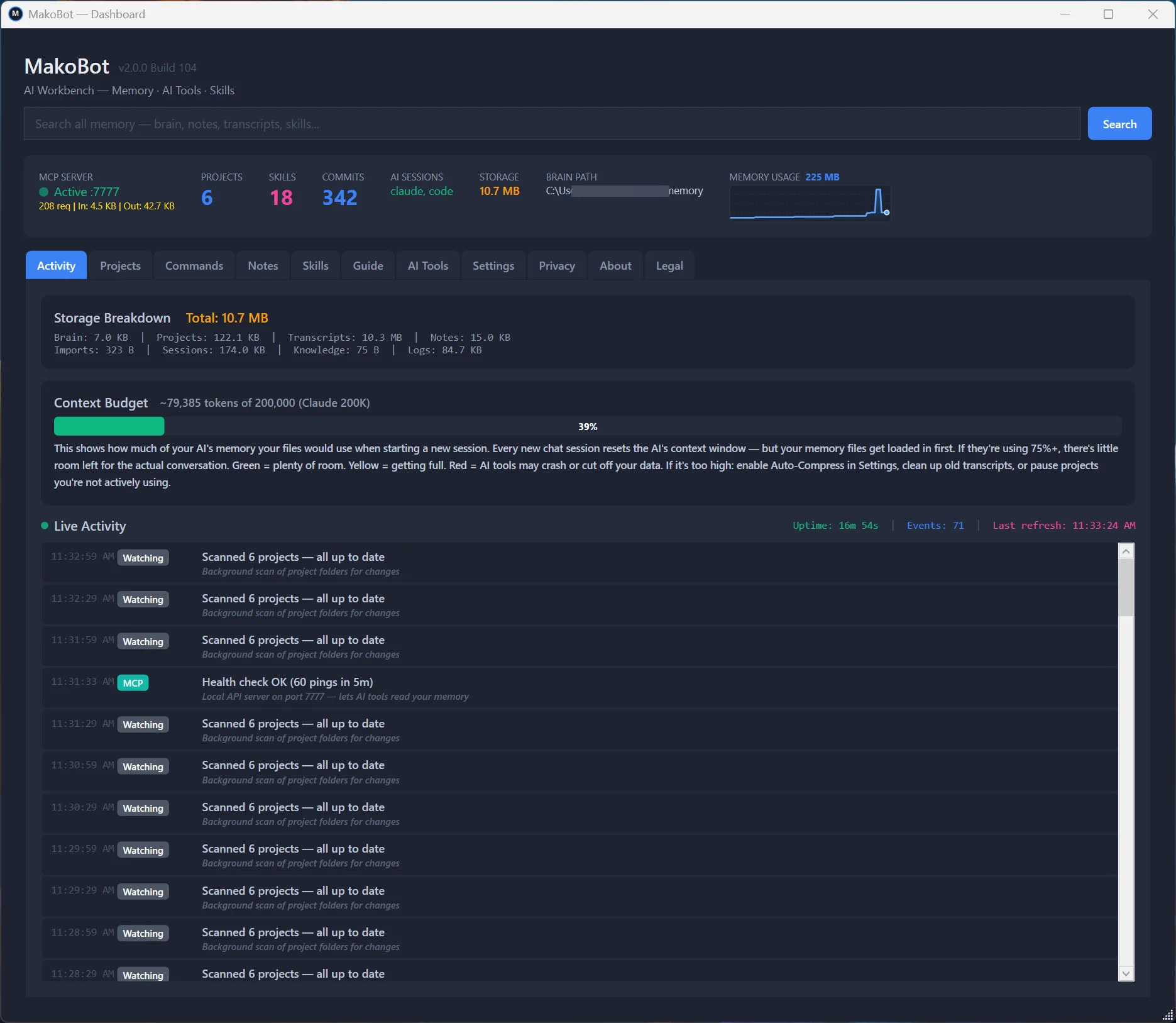 MakoBot Activity tab — live dashboard