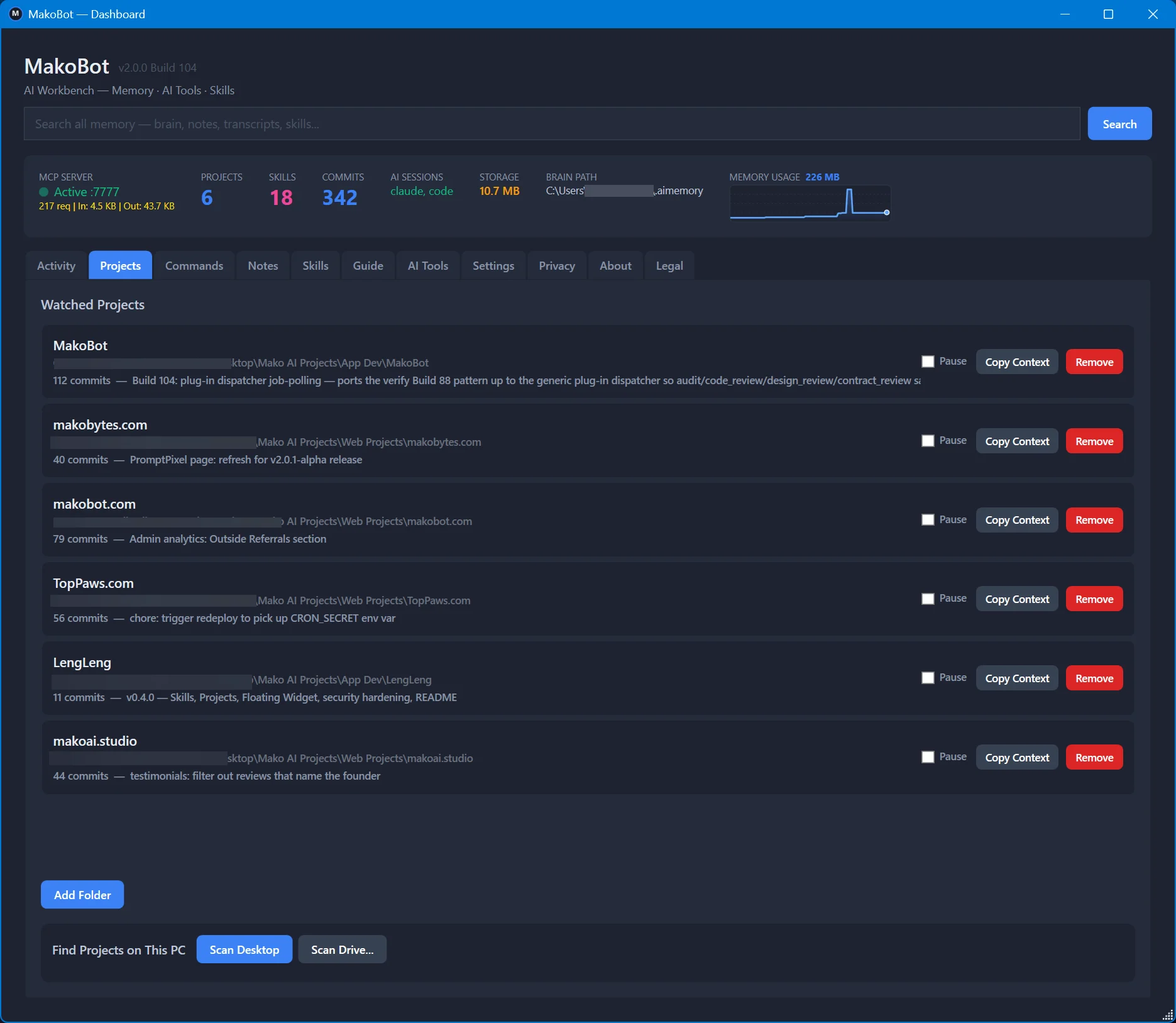 MakoBot Projects tab — auto-discovered projects with git history