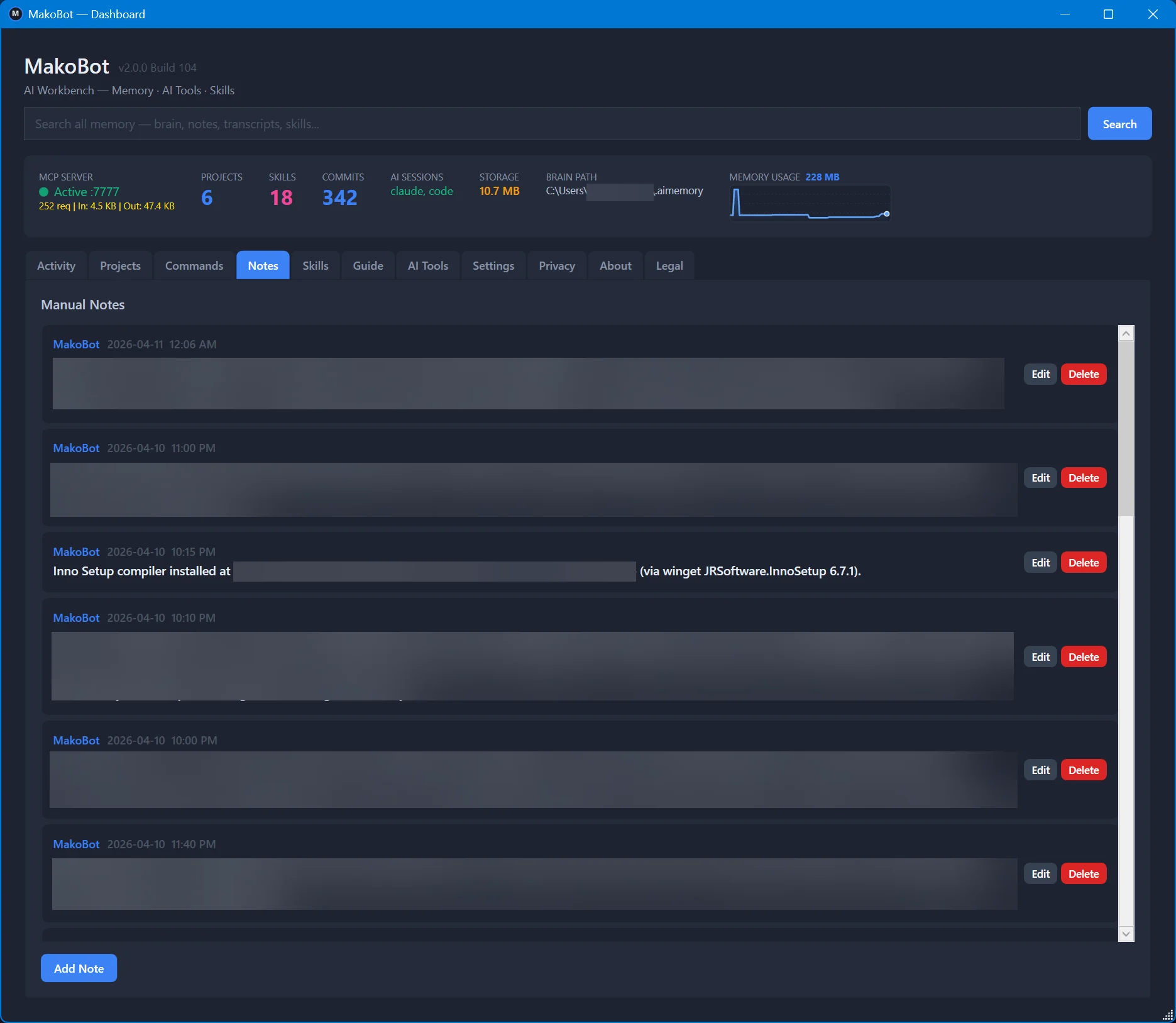 MakoBot Notes tab — manual project decisions and context