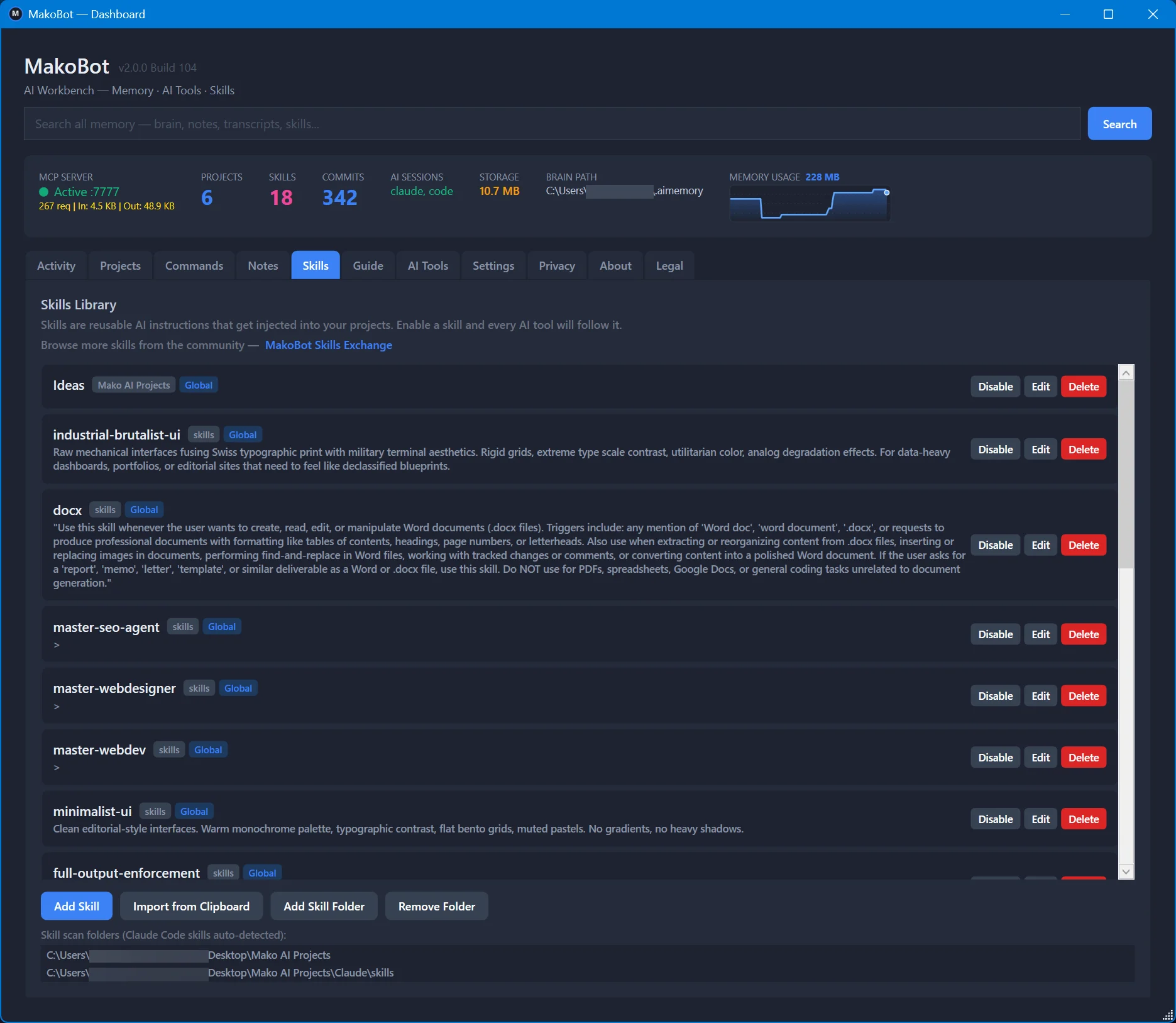 MakoBot Skills tab — reusable AI behavior library