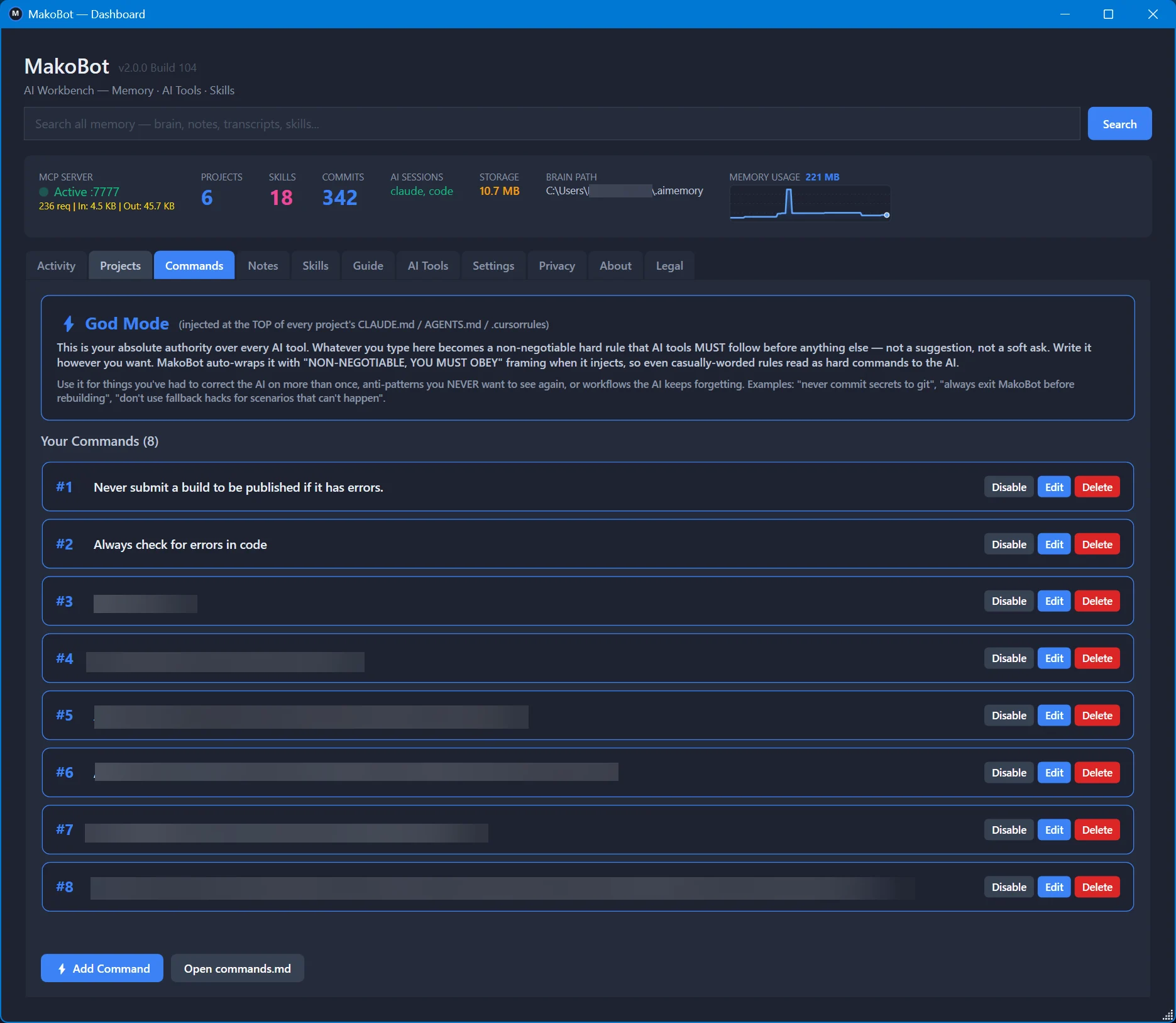 MakoBot Commands tab — God Mode hard rules