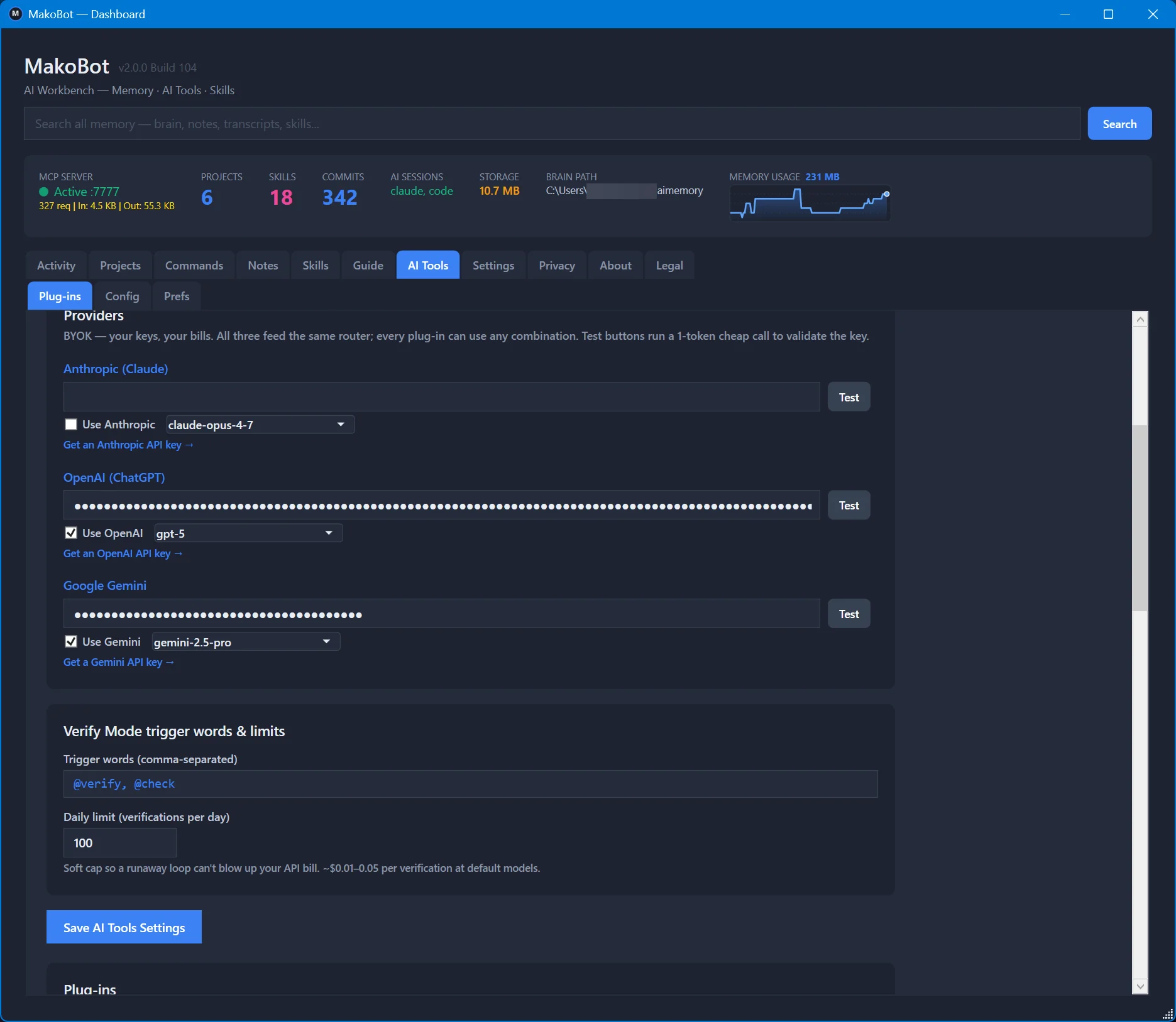 MakoBot AI Tools — bring your own keys for OpenAI, Google, Anthropic
