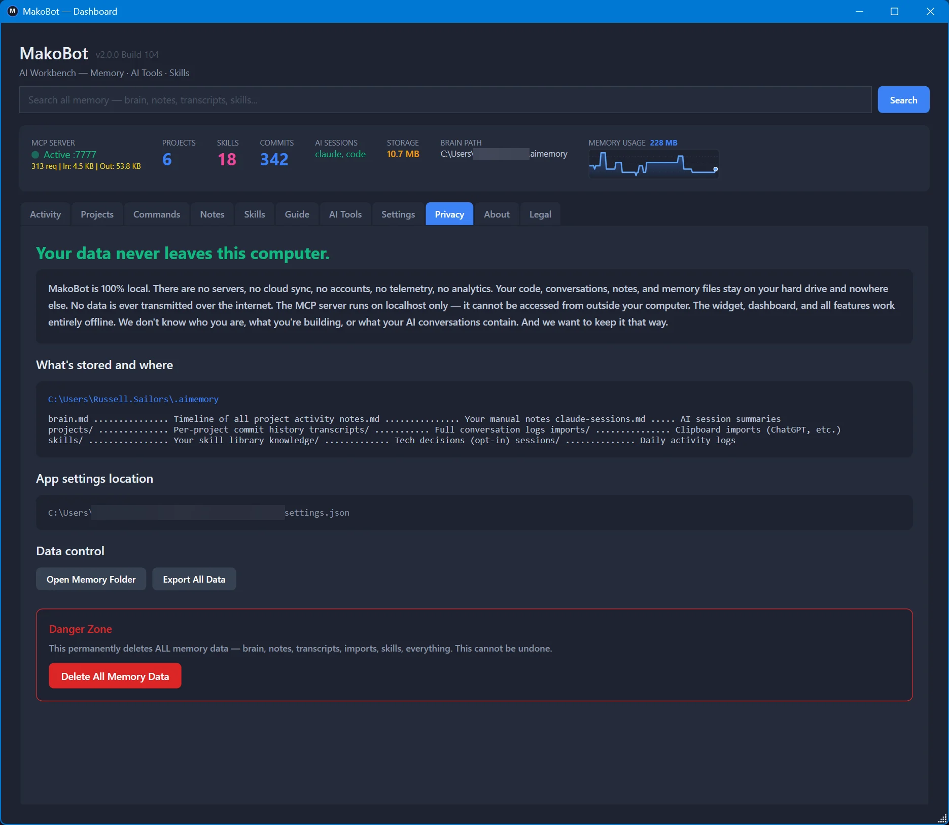 MakoBot Privacy tab — 100% local, no servers, no cloud